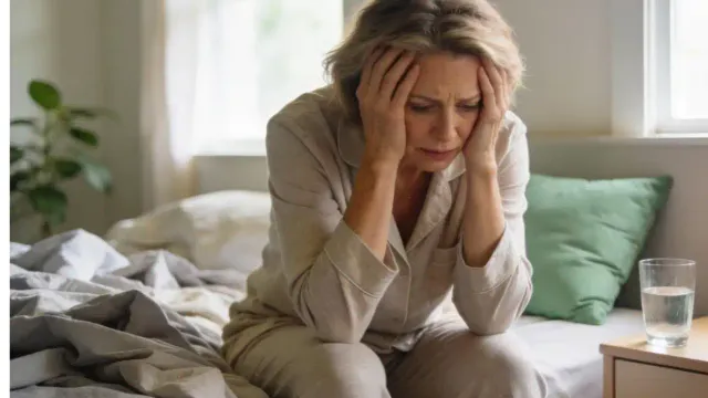 Woman in her 50s sitting on bed with head in hands showing emotional struggle during perimenopause mood swings
