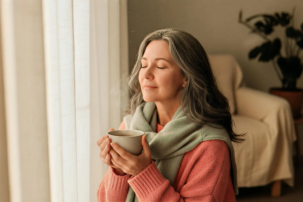 Anxiety menopause relief - peaceful woman over 50 meditating with tea in morning light