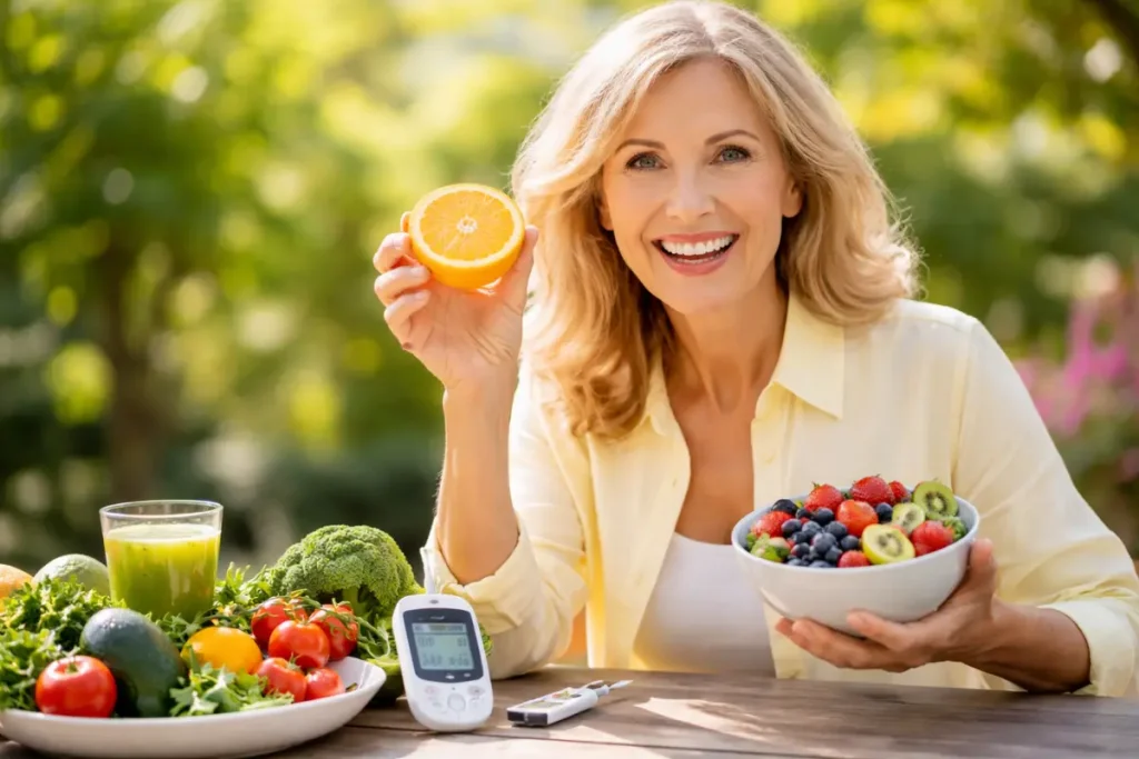 Smiling blonde woman in her 50s holding orange slice and bowl of fresh berries at outdoor table with colorful vegetables, green juice, and glucose monitor representing menopause blood sugar management
