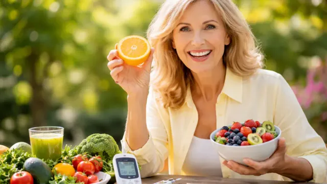 Smiling blonde woman in her 50s holding orange slice and bowl of fresh berries at outdoor table with colorful vegetables, green juice, and glucose monitor representing menopause blood sugar management