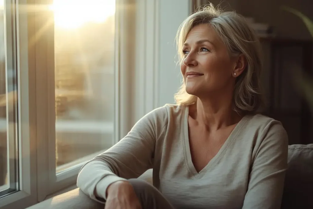 Mature woman in her late 40s sitting peacefully by window during perimenopause transition