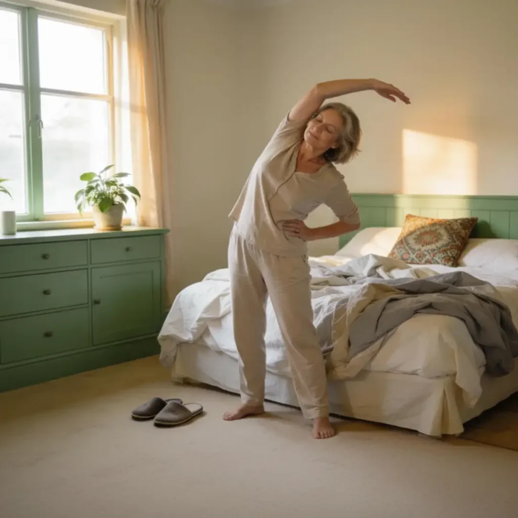 Woman Over 50 Doing Gentle Morning Stretches for Mindful Movement Gentle morning stretching routine for women over 50 in bedroom