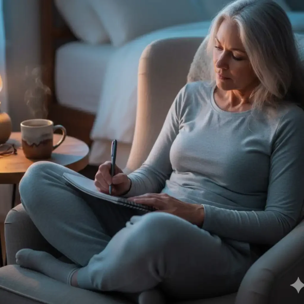 Woman journaling evening brain dump practice for better mental clarity and sleep.