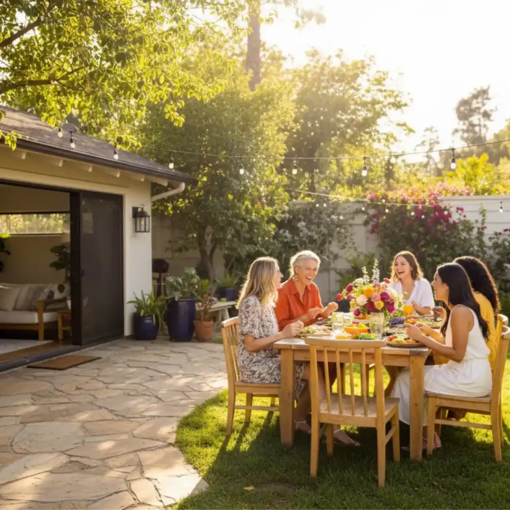 Confident woman over 50 laughing with friends at outdoor gathering showing authentic living and vitality.