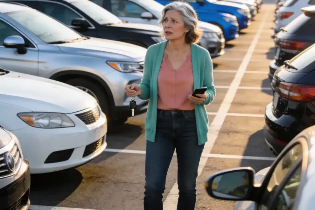 Woman experiencing perimenopause brain fog memory issues in parking lot