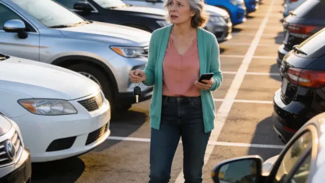 Woman experiencing perimenopause brain fog memory issues in parking lot
