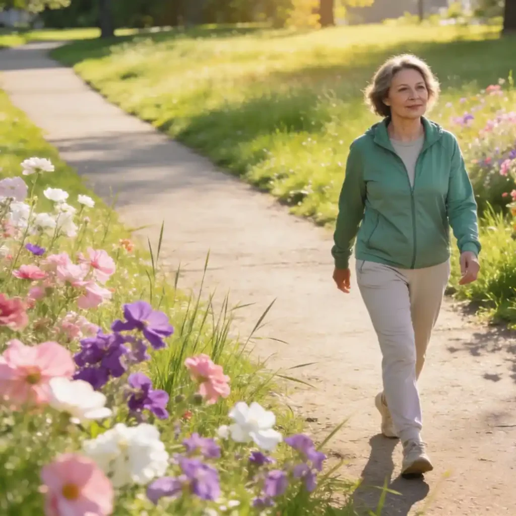 Woman in her 50s walking confidently on park path surrounded by green grass and flowers showing emotional recovery after perimenopause mood swings