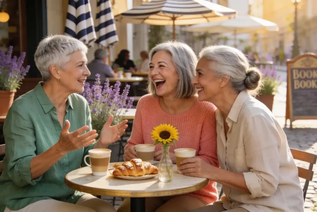 Three women over 50 making friends and connecting over coffee