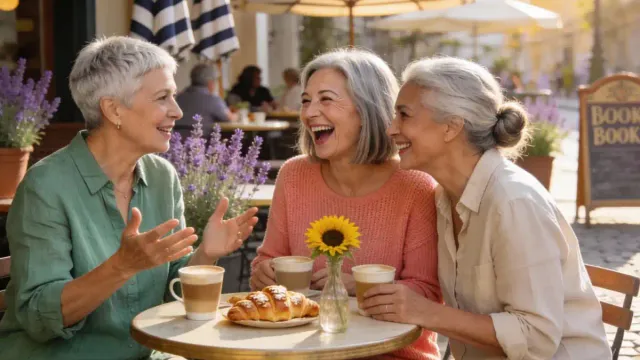 Three women over 50 making friends and connecting over coffee