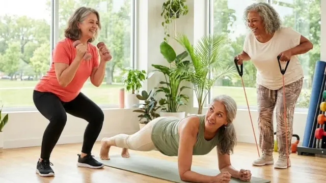Diverse women over 50 doing strength training exercises dumbbells resistance bands for bone health and muscle maintenance