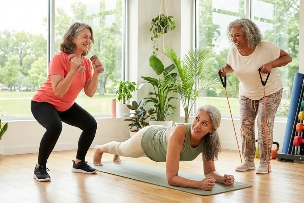 Diverse women over 50 doing strength training exercises dumbbells resistance bands for bone health and muscle maintenance