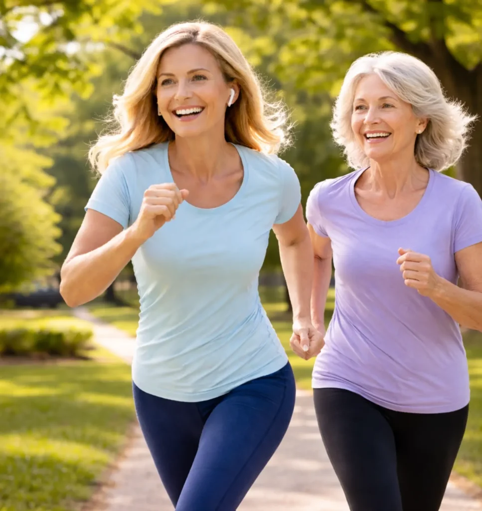 Women-Over-50-Walking-Together-for-Blood-Sugar-Management-and-Friendship Two women managing menopause and blood sugar through daily walks and social connection