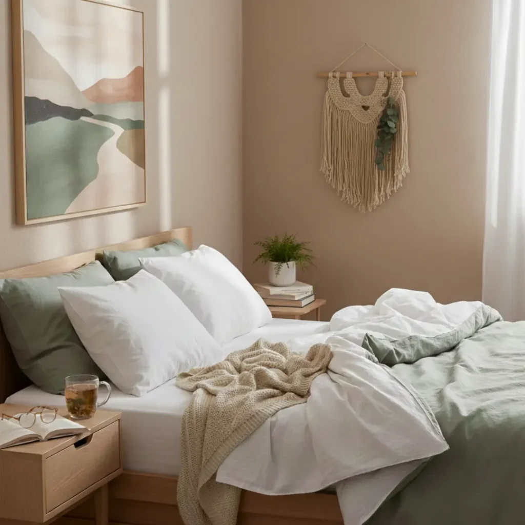 Calm bedroom with an unmade bed, herbal tea and a book, illustrating lighter, less restorative sleep after age 50”