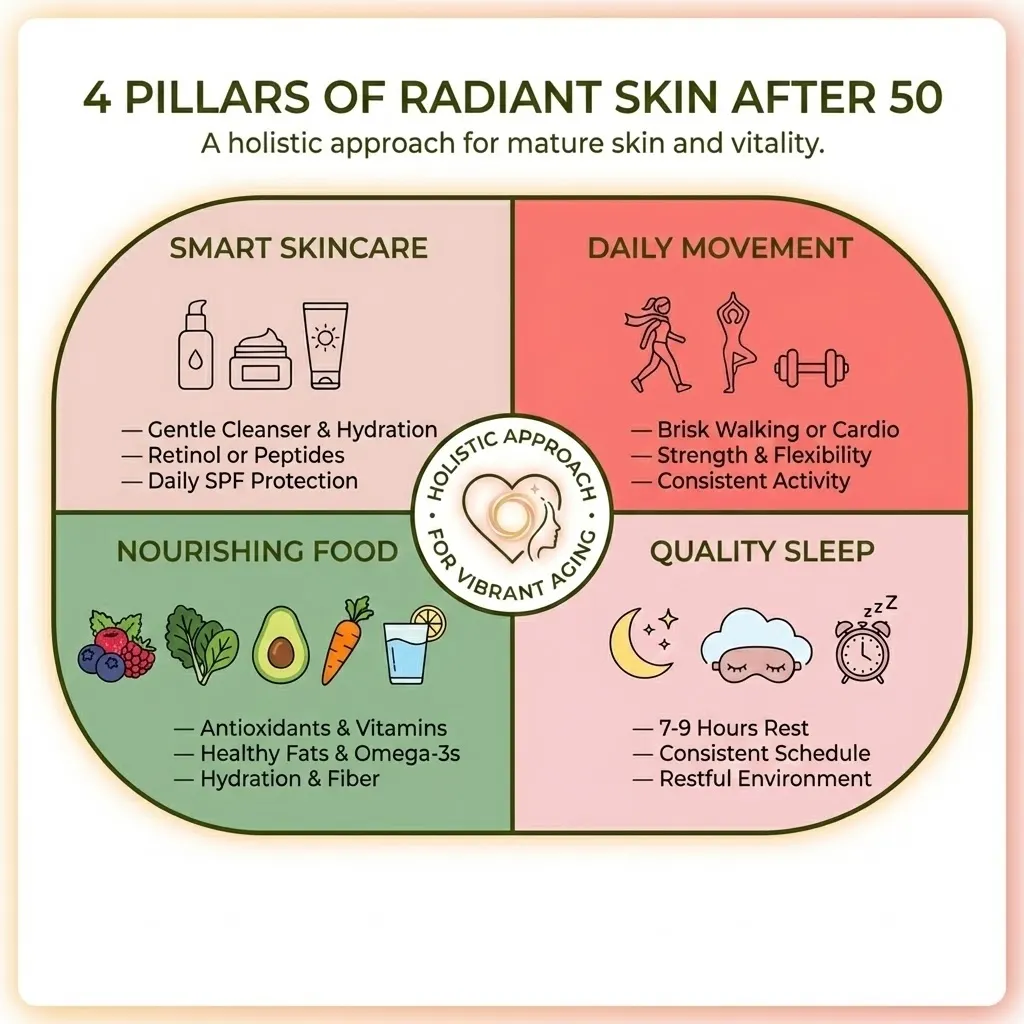 Infographic showing skincare movement nutrition and sleep habits for women over 50 healthy aging