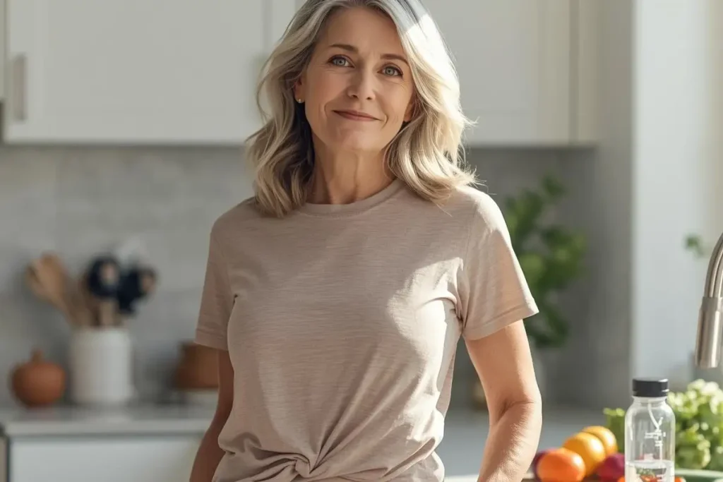How to lose weight at 60 - woman in kitchen with healthy food