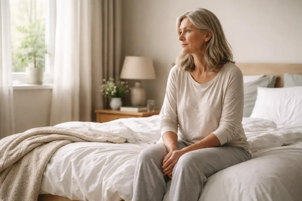 Mature woman sitting on bed feeling tired after a full night of sleep, reflecting changes in sleep structure after 50