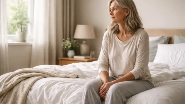 Mature woman sitting on bed feeling tired after a full night of sleep, reflecting changes in sleep structure after 50