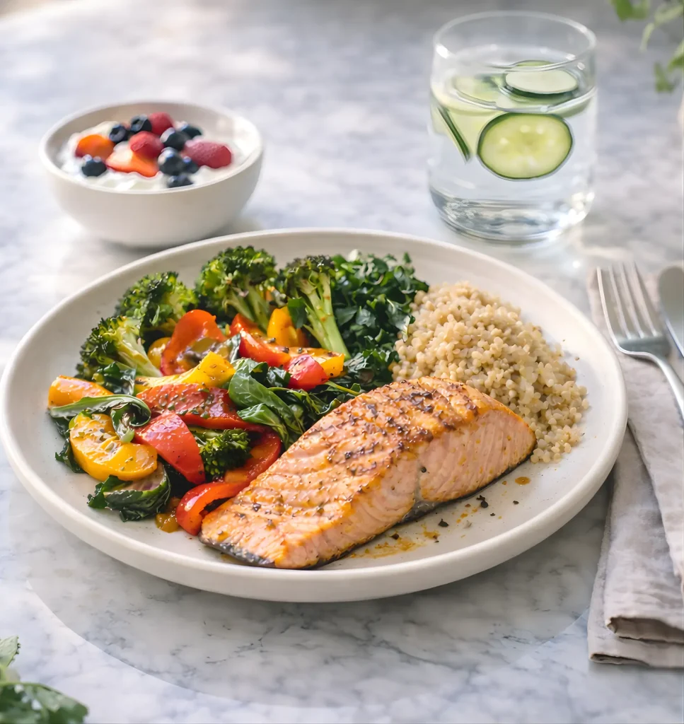 Healthy menopause meal example with vegetables, lean protein, and whole grains on balanced plate