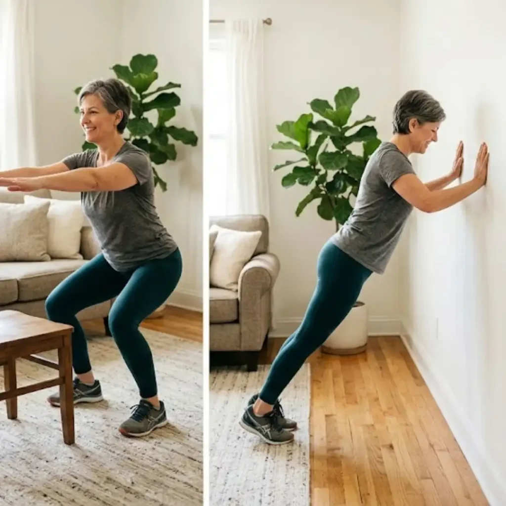 _Beginner Strength Exercises for Women Over 50 (1) Woman over 50 demonstrating beginner strength exercises at home: chair squats, wall push-ups, and standing leg raises