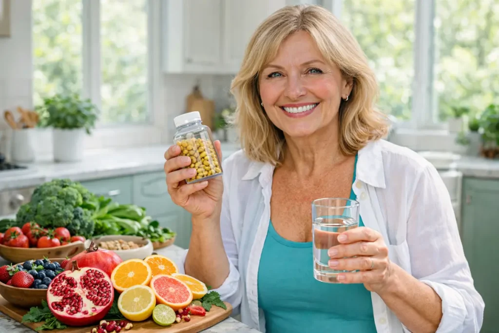Confident woman over 50 taking best supplements for menopause belly fat in bright kitchen with healthy foods