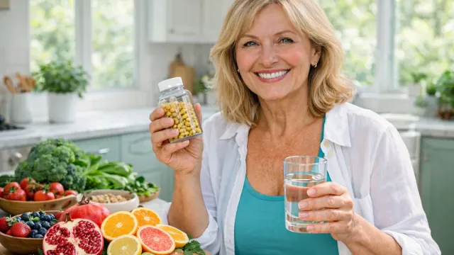 Confident woman over 50 taking best supplements for menopause belly fat in bright kitchen with healthy foods