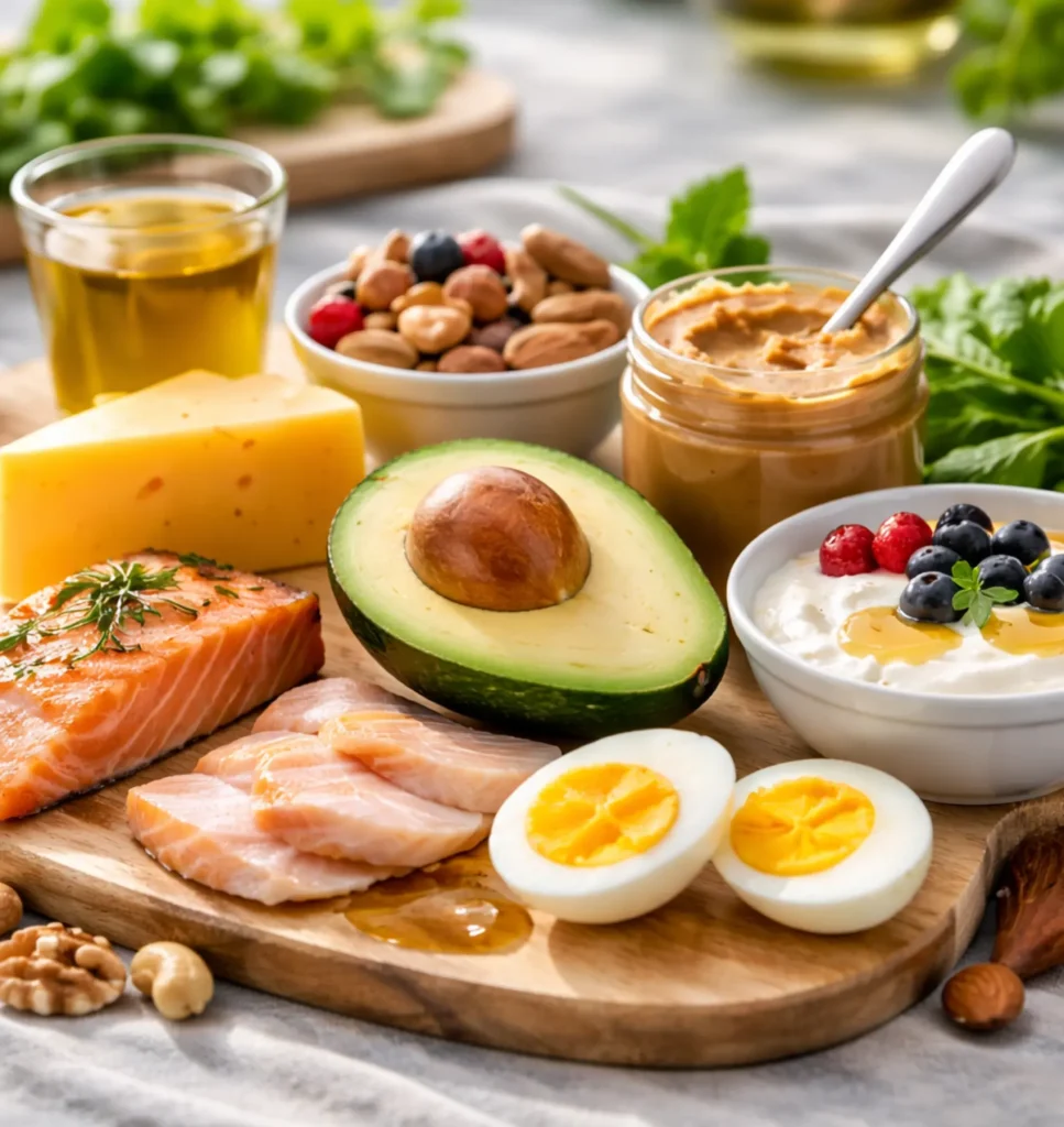 Wooden board with vitamin D absorption-boosting foods including salmon fillet with herbs, sliced chicken breast, hard-boiled eggs, avocado half, glass of olive oil, mixed nuts with berries, cheddar cheese, Greek yogurt with berries and honey, and jar of almond butter