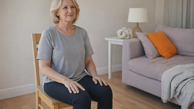Chair sitting exercise for belly fat showing proper seated posture and core engagement techniques for women over 50