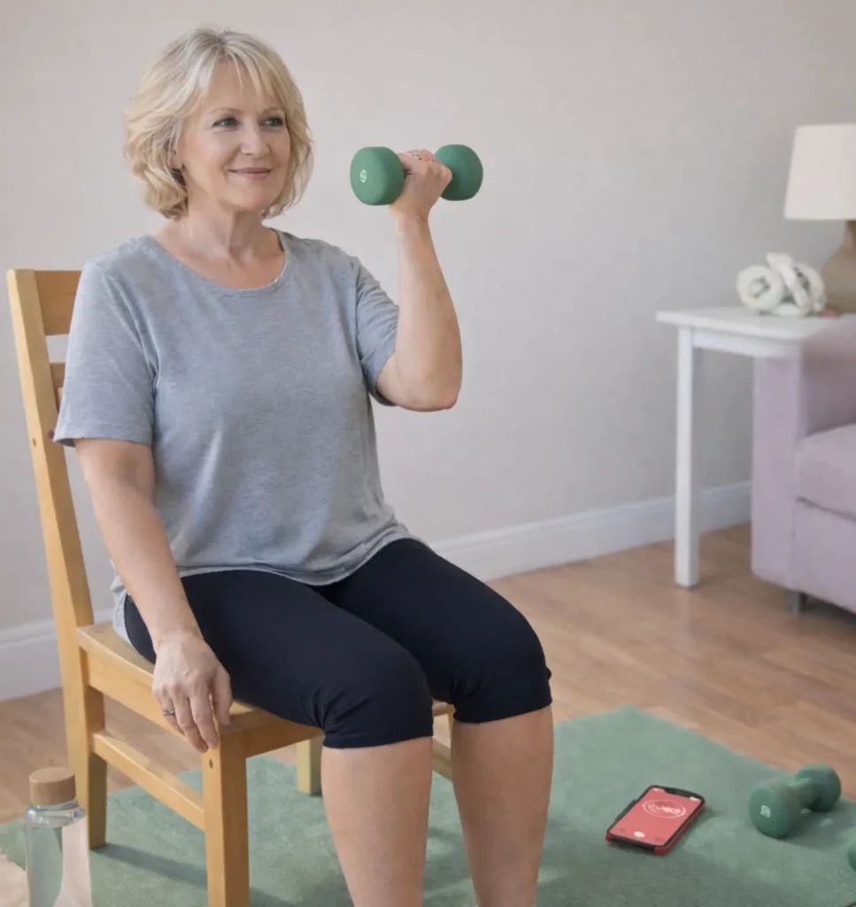 Daily Chair Exercise Routine Setup Home exercise setup for chair sitting exercise routine with water bottle and timer for women 50+