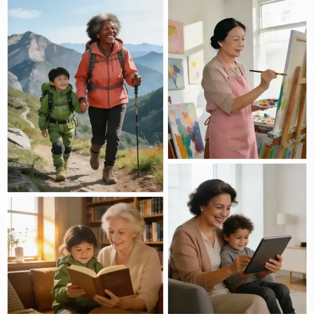 Collage showing diverse grandmother personality types including active, creative, intellectual and nurturing grandmothers