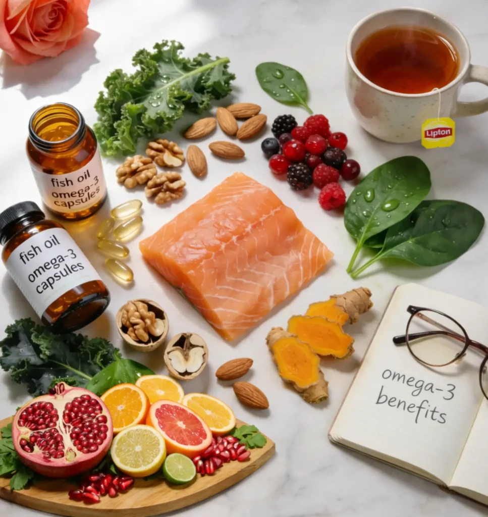 Flat lay of best supplements for menopause belly fat, including berberine, magnesium, and omega-3 with healthy whole foods