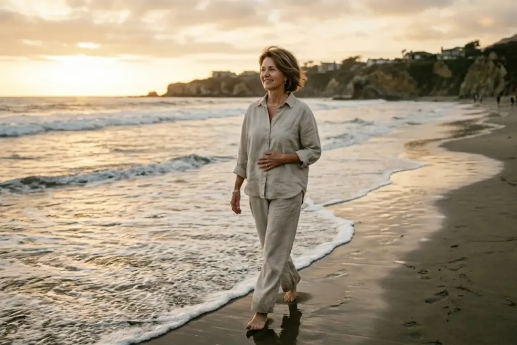 Woman over 50 walking on beach to relieve bloating naturally