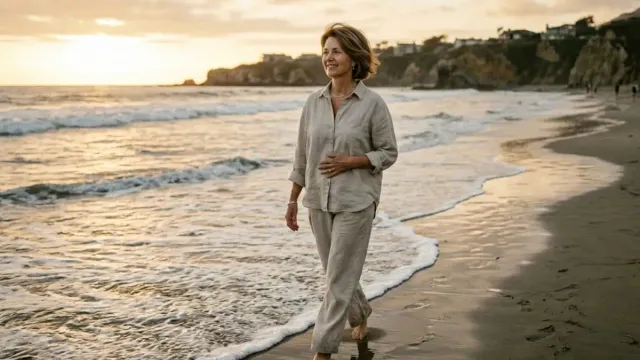  Woman over 50 walking on beach to relieve bloating naturally