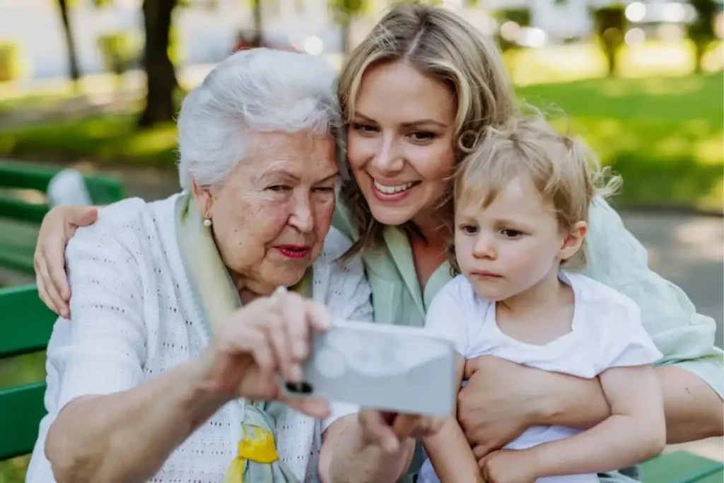 Four generations from grandma to great grandma celebrating family continuity and longevity
