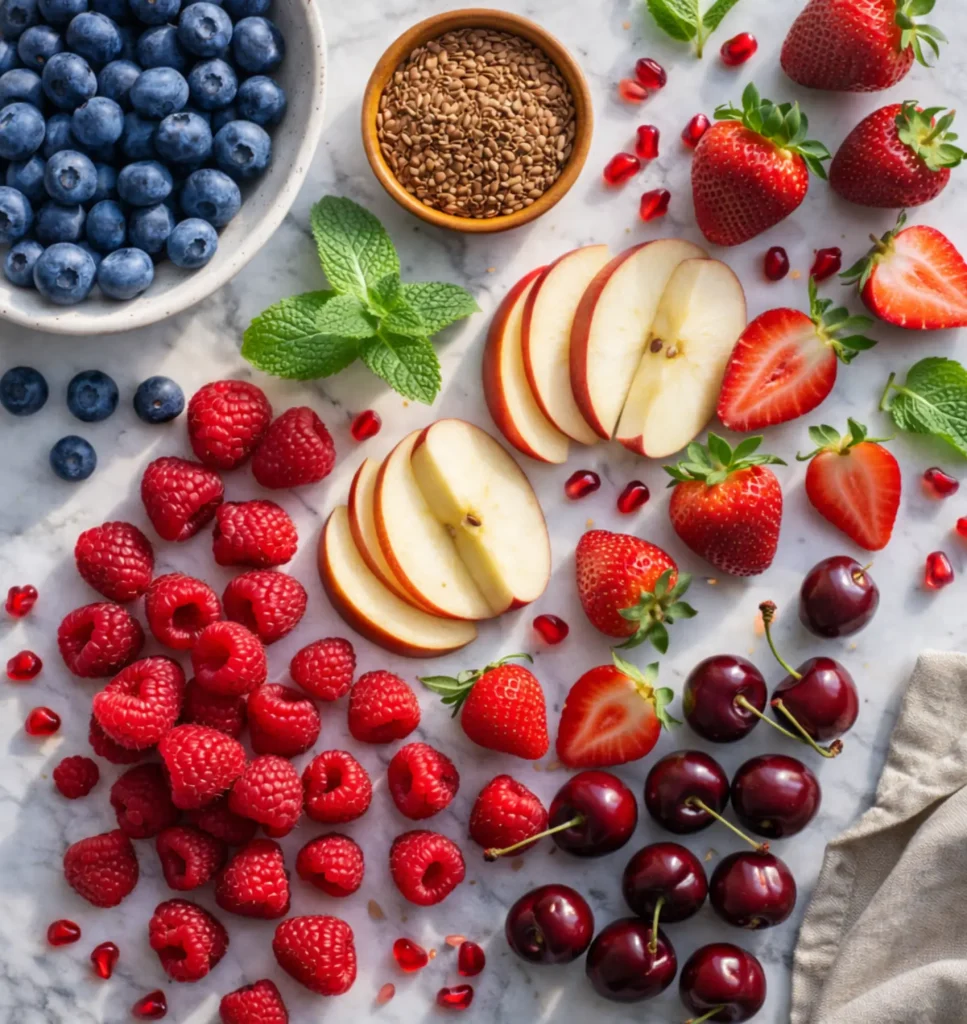 healthy foods to eat during menopause: Flatlay of hormone-balancing fruits for women including blueberries, raspberries, strawberries, cherries, apple slices, pomegranate seeds, fresh mint, and a small bowl of flaxseeds on a marble surface