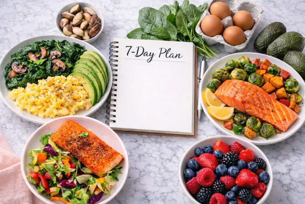 7-day diet plan for hashimoto's disease featuring thyroid-supporting foods like salmon, vegetables, and Brazil nuts