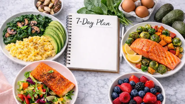 7-day diet plan for hashimoto's disease featuring thyroid-supporting foods like salmon, vegetables, and Brazil nuts