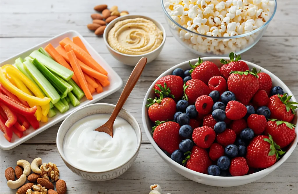 High volume low calorie snacks including berries, vegetables, yogurt and nuts arranged beautifully