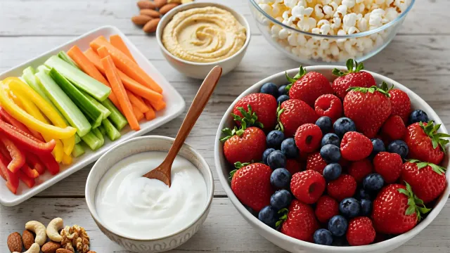 High volume low calorie snacks including berries, vegetables, yogurt and nuts arranged beautifully