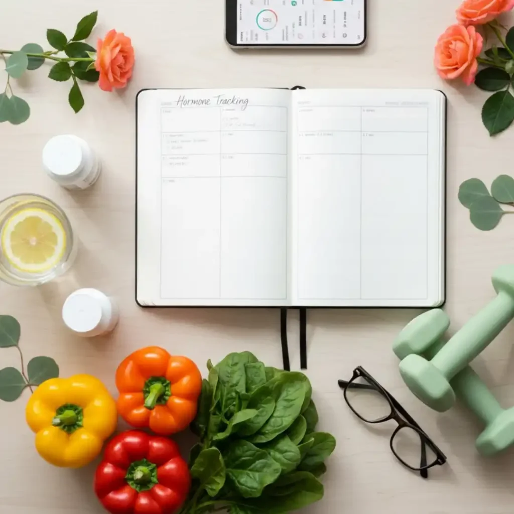 Hormone tracking journal, healthy food, and exercise tools for managing progesterone and weight gain concerns