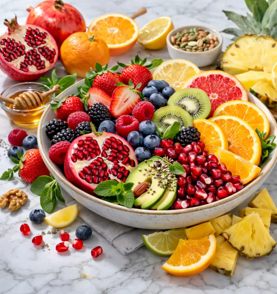 Colorful bowl of hormone balancing fruits including berries pomegranate citrus for women managing menopause