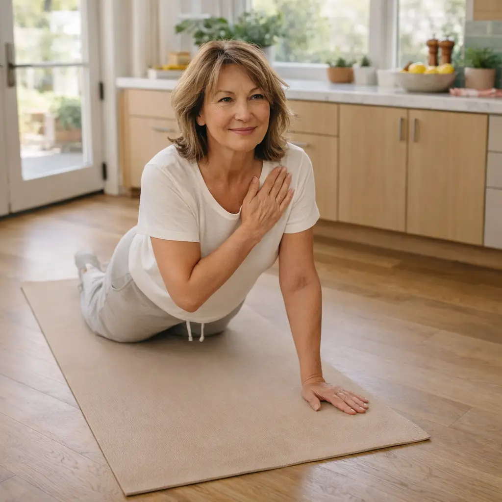 Woman over 60 performing knees-down plank shoulder taps on yoga mat in bright kitchen