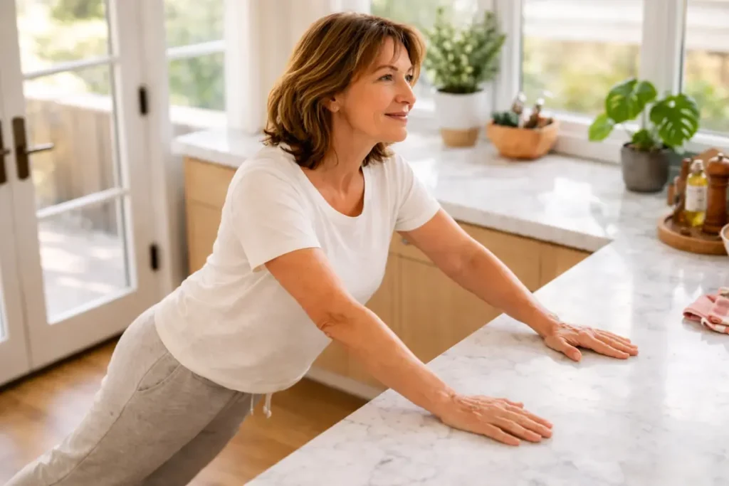 Neck-friendly knees-down shoulder taps core exercise for women over 50 in a bright kitchen