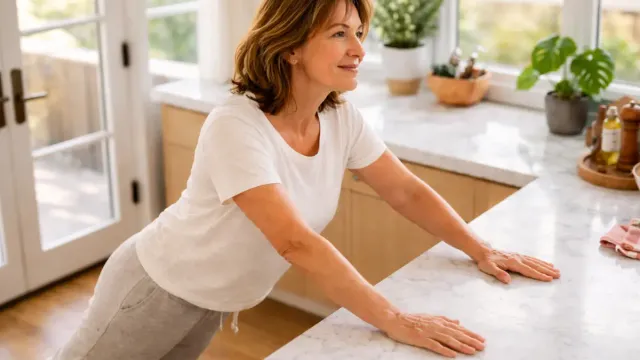 Neck-friendly knees-down shoulder taps core exercise for women over 50 in a bright kitchen
