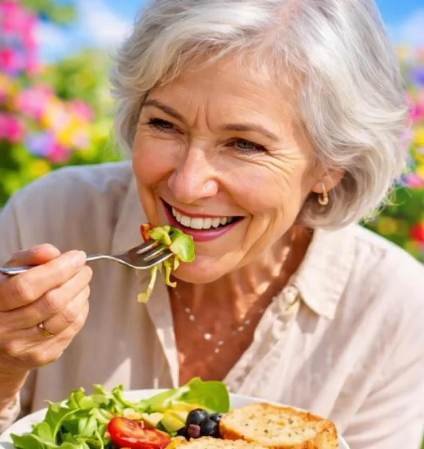 Happy mature woman enjoying a healthy meal outdoors, symbolizing mental well-being, balanced nutrition, and healthy aging for women over 50