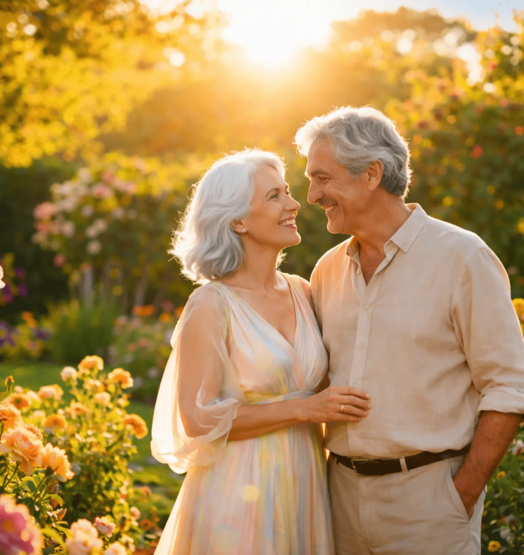 Smiling mature couple walking together in a blooming garden at sunset, symbolizing love, connection, and emotional wellness for healthy aging