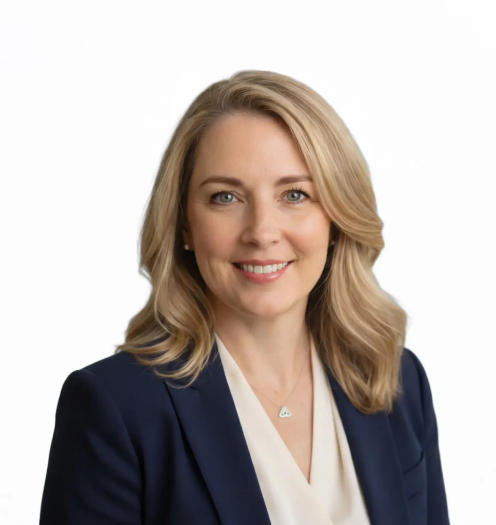 Portrait of Luna Sullivan, a professional midlife woman in a navy blazer and light blouse, representing a Lonage wellness contributor for women over 50