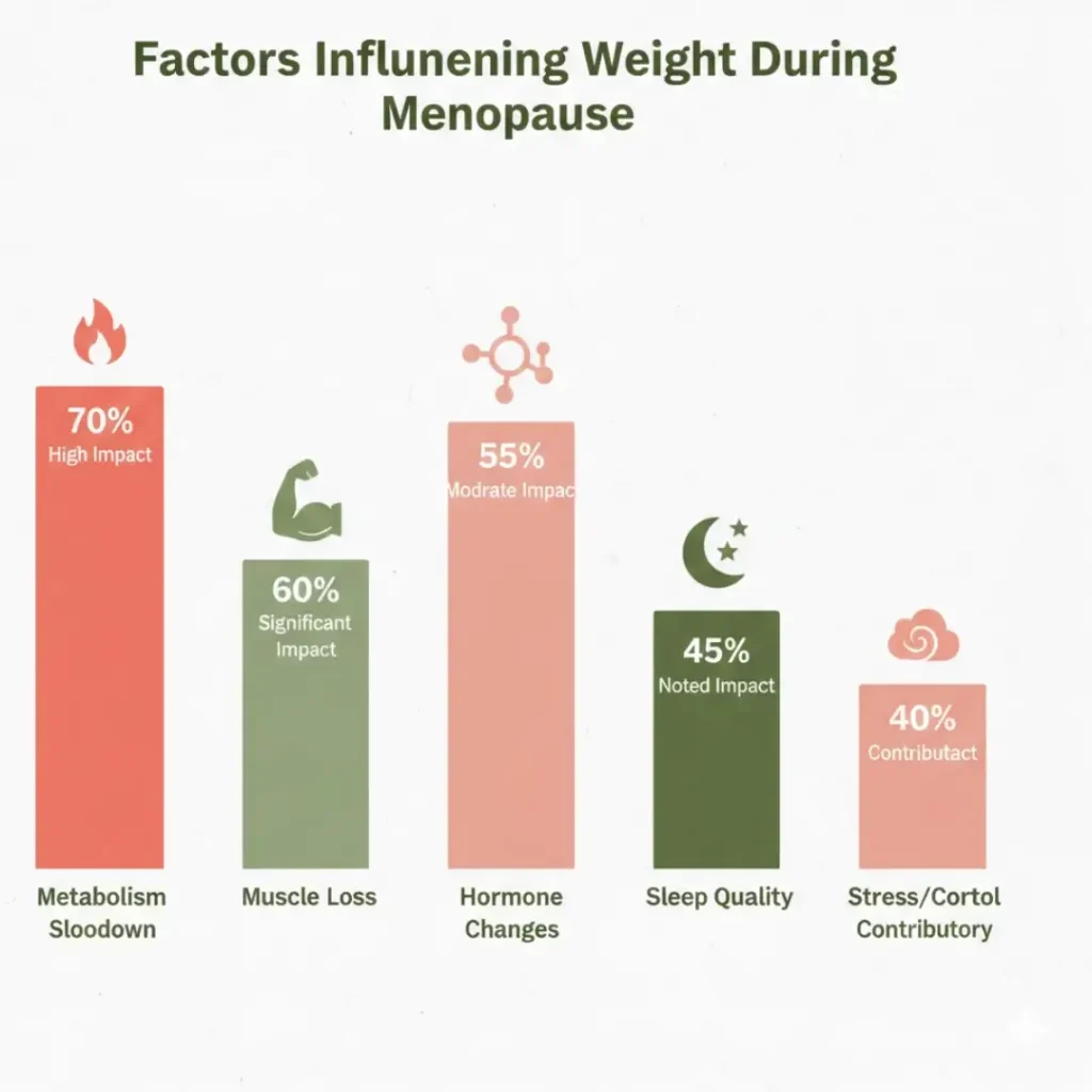 Infographic showing multiple factors beyond progesterone that influence weight gain during menopause