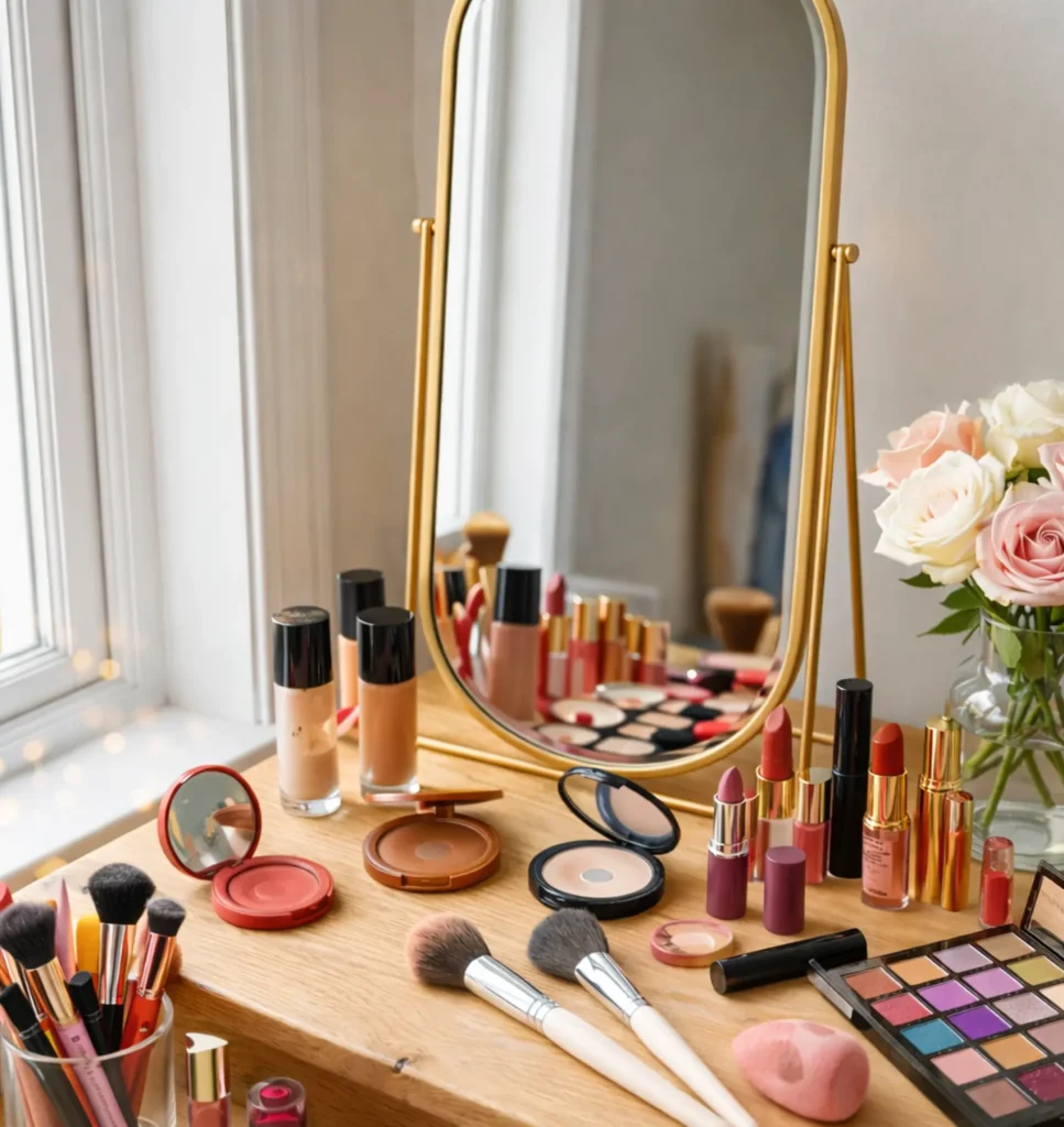 Close-up of natural makeup products on a wooden vanity table, including foundation, blush, bronzer, brushes and a mirror, styled for women over 50