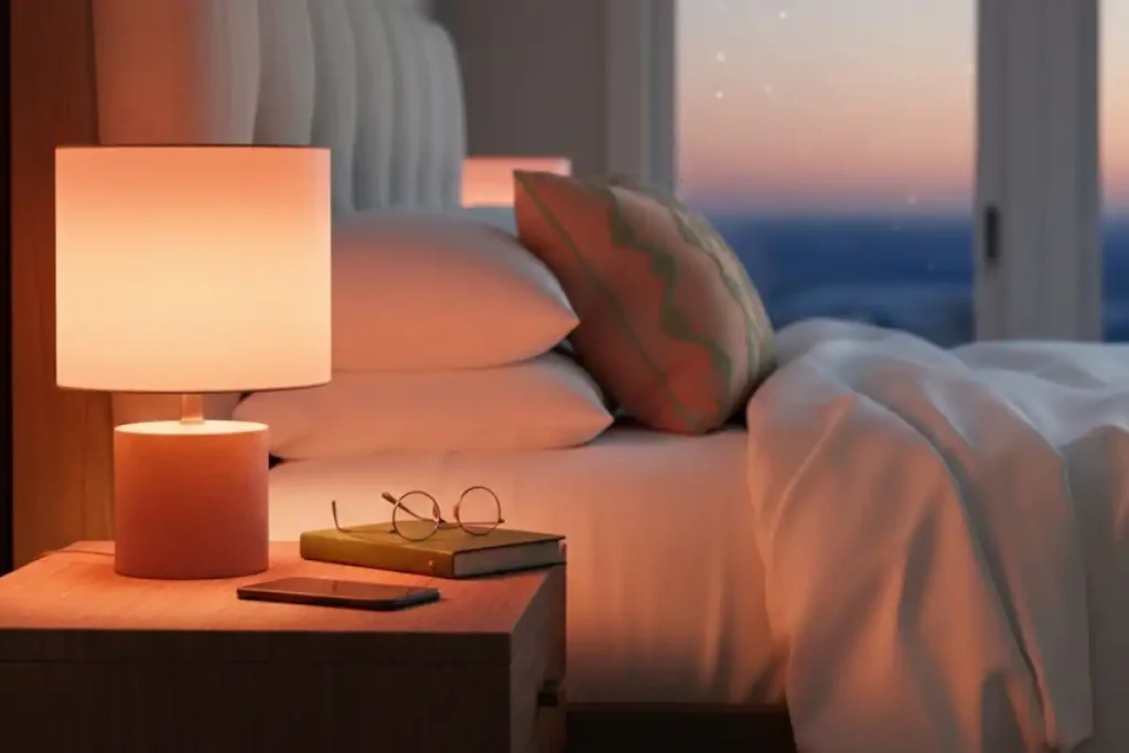 Blue light blocking strategies bedroom with warm lighting and phone face down