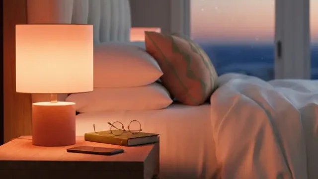 Blue light blocking strategies bedroom with warm lighting and phone face down